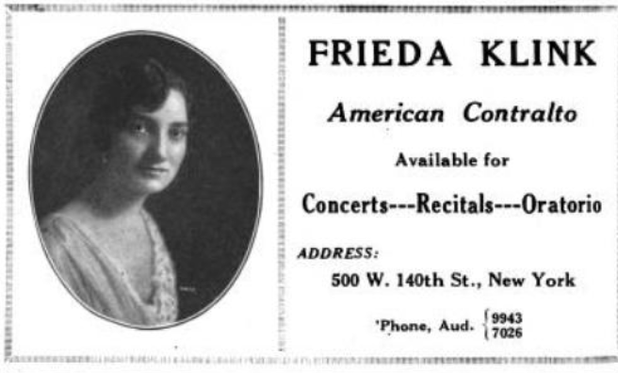 1920s advertisement for "Frieda Klink, American contralto, available for concerts, recitals, oratorio"