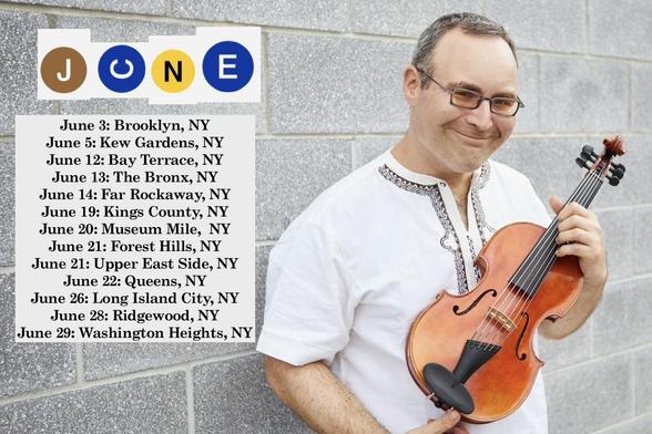 a photo of Ljova smiling and holding a fadolín against a brick wall background,  and listing 13 concerts he has in June across four boroughs of New York CIty, including many free events in Queens and elsewhere.