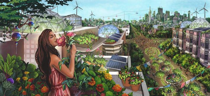 Painting of a futuristic utopian city showing windmills, solar panels, and geodesic domes, along with buildings covered in vegetation.

IMAGE SOURCE - http://dreamstreamart.com/