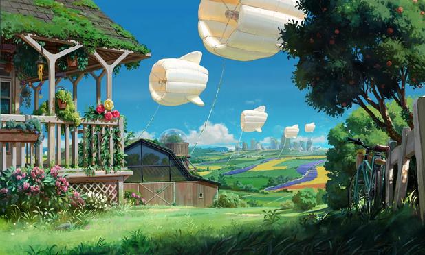 Dreamy painting of farmland combining crops with areas of solar panels, plus floating windmills to provide power. In the foreground is a farmhouse and a barn, along with a bicycle leaning against a fence, while in the distance we see a futuristic sustainable city.

IMAGE SOURCE - https://daniel_clarke.artstation.com/projects/L3V9wl
