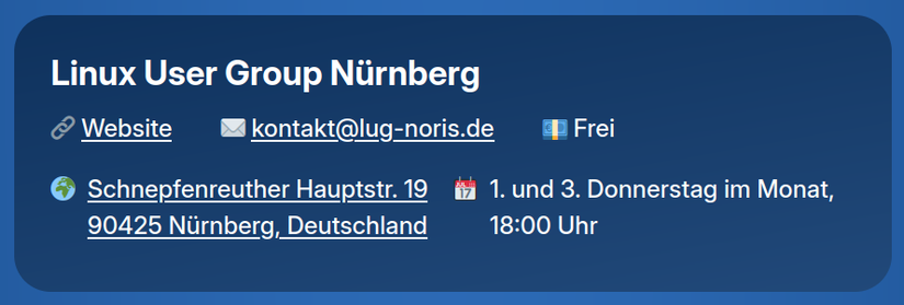 Screenshot von der #endof10 Webseite, dort steht: "Linux User Group Nürnberg, Link zur Webseite, eMail-Adresse, unser Angebot ist frei, die Adresse Schnepfenreuther Hauptstrasse 19 in 90425 Nürnberg und dass wir am 1. und 3. Donnerstag im Monat dort ab 18:00 Uhr anzutreffen sind".