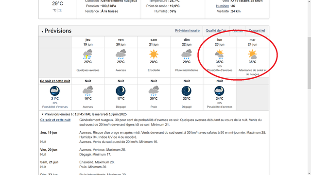 Montréal : préventions météo
lun mar \
23 jun 24 jun
35°C 35°C