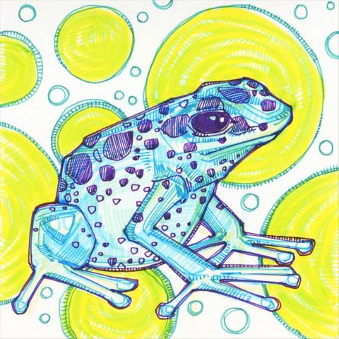 colorful marker drawing of a blue frog with purple spots