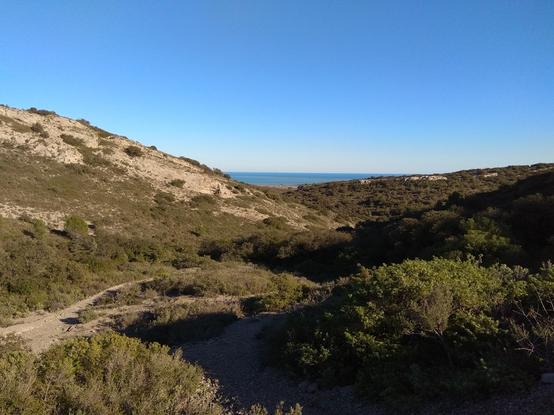 Un massif avec végétation de type garrigue. On perçoit au loin la mer. Au-dessus, le ciel est bleu sans l'ombre d'un nuage.