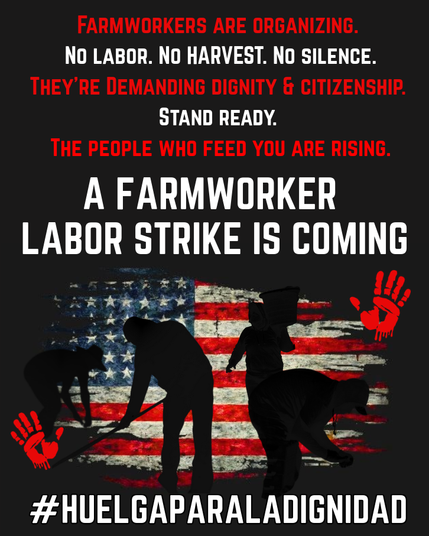 FARMWORKERS ARE ORGANIZING.

No LABOR. No HARVEST. NO SILENCE.
THEY'RE DEMANDING DIGNITY & CITIZENSHIP.
STAND READY.

THE PEOPLE WHO FEED YOU ARE RISING.
A FARMWORKER
LABOR STRIKE IS COMING

rime... \
RT gE oe —
PE A ==
oy | » x 2
a y=
» ca § Bi: i
ny ¥ Fe
#HUELGAPARALADIGNIDAD