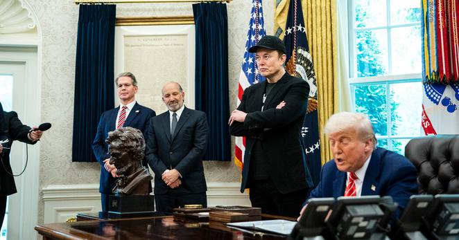 President Trump and Elon Musk in the Oval Office on Friday after Mr. Musk announced his departure from his role as a special government employee.
