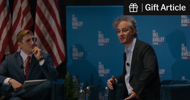 Alex Karp, right, is the chief executive of Palantir, a data analysis and technology firm that has received more than $113 million in federal government spending since President Trump took office in January. 