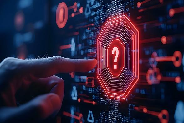 A close-up of a hand touching a digital screen displaying a glowing red question mark, symbolizing inquiry and cyber security challenges in technology.