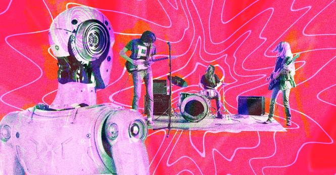 A robot watches a band rock out.