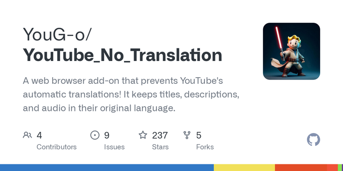 A web browser add-on that prevents YouTube's automatic translations! It keeps titles, descriptions, and audio in their original language. - YouG-o/YouTube_No_Translation