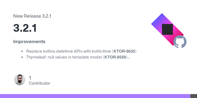Improvements

Replace kotlinx.datetime APIs with kotlin.time (KTOR-8635)
Thymeleaf: null values in template model (KTOR-8559)
Publish Javadoc as a maven artifact (KTOR-3962)
Netty: Invalid hex byte...