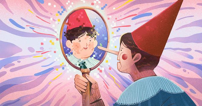 A figure of Pinocchio with a blue shirt, red hat, rosy cheeks and a long nose is looking in a mirror and sees a completely different person with a normal face and nose.
