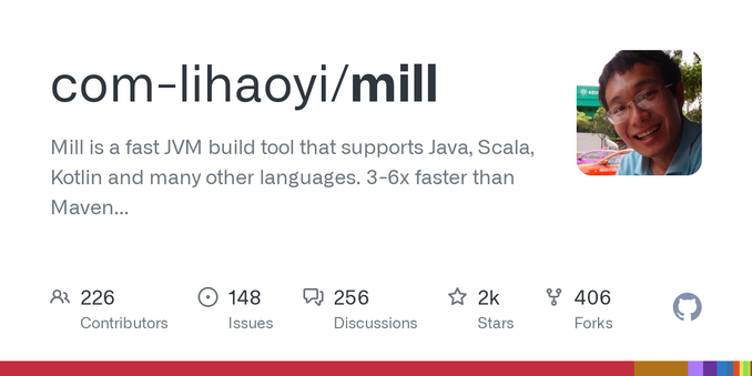 Mill is a fast JVM build tool that supports Java, Scala, Kotlin and many other languages. 3-6x faster than Maven or Gradle for common workflows, Mill aims to make your project’s build process perfo...