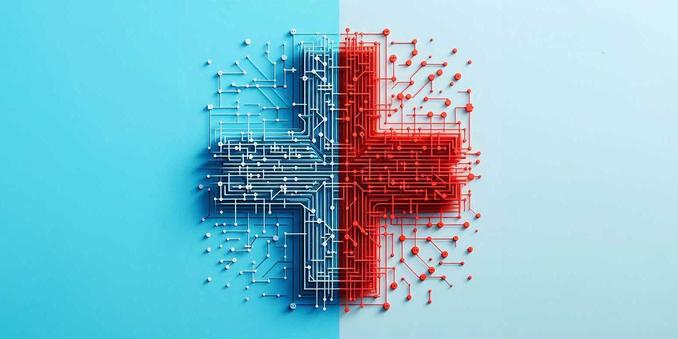 An illustration of a swiss cross. The cross consists of cables, one side is red and the other blue.