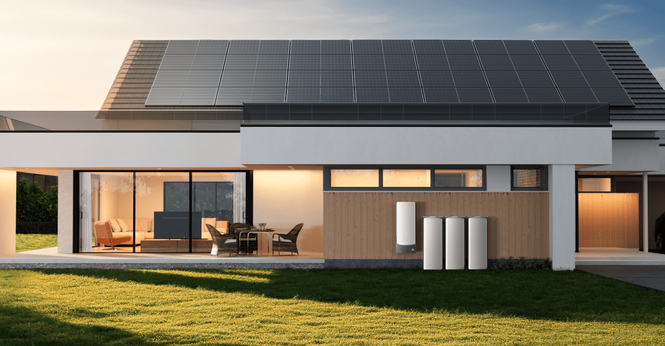 A home with three batteries on the side next to an inverter with solar panels on the roof.