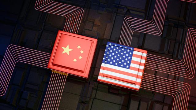 Digitally Generated Image , 3D rendered chips with chinese and USA flags on them