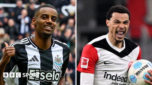 A split image of Newcastle striker Alexander Isak (left) and Eintracht Frankfurt striker Hugo Ekitike (right) celebrating after scoring