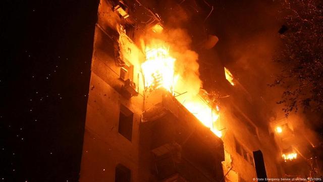 Flames engulf a high-rise apartment building in Odesa, Ukraine