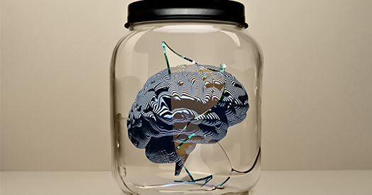 Computer-generated illustration of a brain in a broken jar.