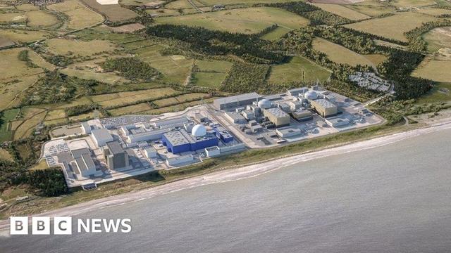 A computer-generated image of what Sizewell C nuclear power station could look like, multiple buildings are shown including two with domes.