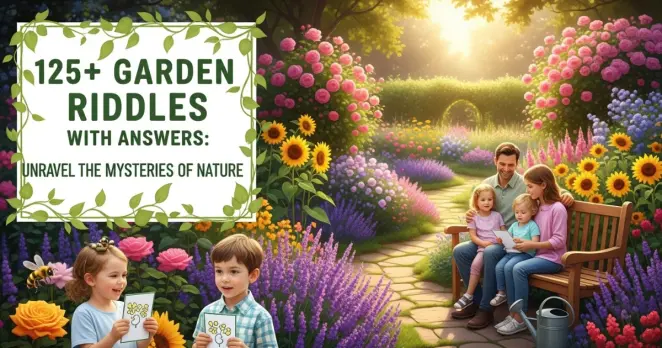 Family enjoying garden riddles and nature activities together outdoors