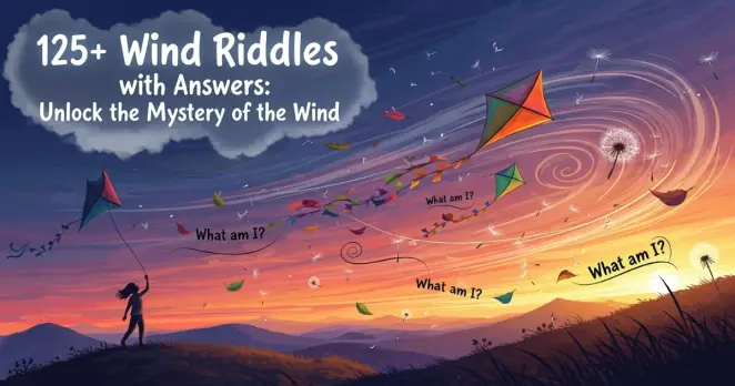 Wind riddles collection with colorful kites flying at sunset