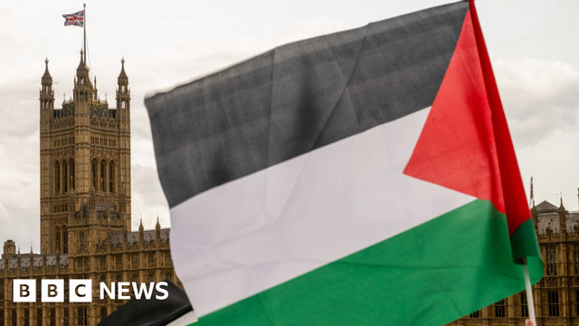 Protesters with Palestinian flags outside the Houses of Parliament