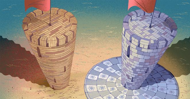 An illustration of two towers. An illustration of two towers.