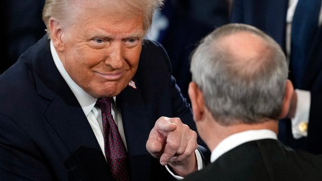 President Donald Trump gestures to Supreme Court Chief Justice John Roberts after being sworn in at the U.S. Capitol Rotunda on January 20, 2025 in Washington, D.C.  (Photo by Julia Demaree Nikhinson - Pool/Getty Images)