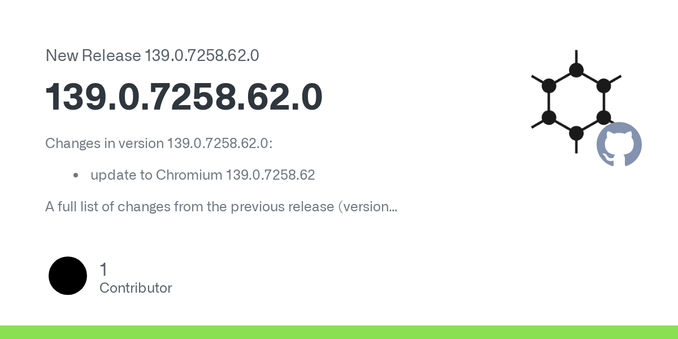 Changes in version 139.0.7258.62.0:

update to Chromium 139.0.7258.62

A full list of changes from the previous release (version 138.0.7204.179.0) is available through the Git commit log between th...