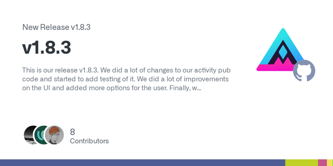 This is our release v1.8.3. We did a lot of changes to our activity pub code and started to add testing of it. We did a lot of improvements on the UI and added more options for the user. Finally, w...