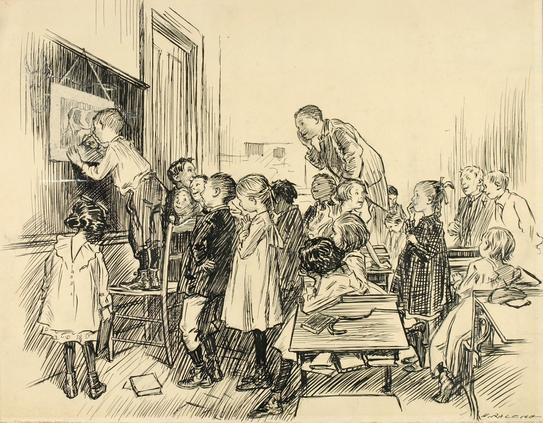 Pen and ink drawing by Henry Raleigh of a schoolroom, with kids out of their seats and drawing on the blackboard.