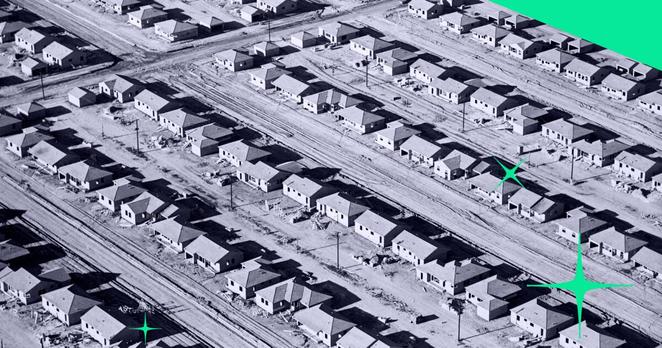An aerial black-and-white photo of Lakewood Park, a planned housing development