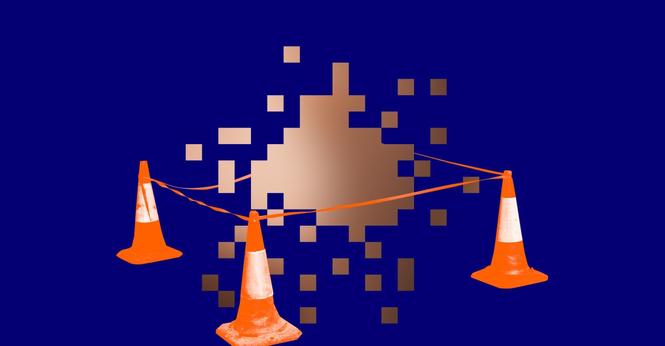 A pixelated light-flesh-toned blob surrounded by warning cones against a purple backdrop.