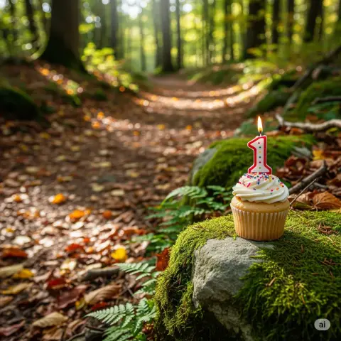 Cupcake with '1' candle burning set in the woods next to a trail. Image generated by Google Imagen AI