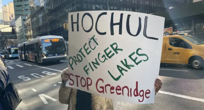 Protestors gather in Midtown Manhattan to ask Gov. Kathy Hochul to put a moratorium on Greenidge Generation, which directly powers a bitcoin-mining operation near the Finger Lakes, February 10, 2022.