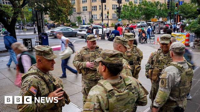 South Carolina National Guard troops standing on a street corner in Washington DC.