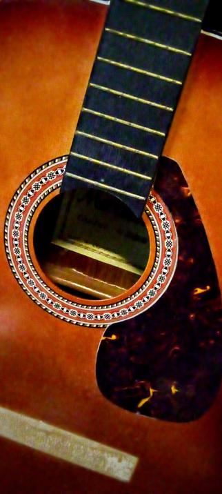The photograph shows a close-up view of a classical guitar's soundhole and rosette. The guitar has a warm, reddish-brown wooden finish, with a glossy surface that reflects light. The soundhole is circular, surrounded by a decorative rosette featuring a pattern of black, white, and red geometric shapes. The rosette is bordered by a thin black line, enhancing its intricate design. The guitar's bridge is not visible, with six golden strings running across it, and the fretboard is dark, contrasting with the lighter body. A tortoiseshell pickguard is positioned below the soundhole, adding a touch of elegance to the instrument. The image focuses on the craftsmanship and details of the guitar, highlighting its aesthetic appeal.

Provided by @altbot, generated privately and locally using Ovis2-8B

🌱 Energy used: 0.192 Wh