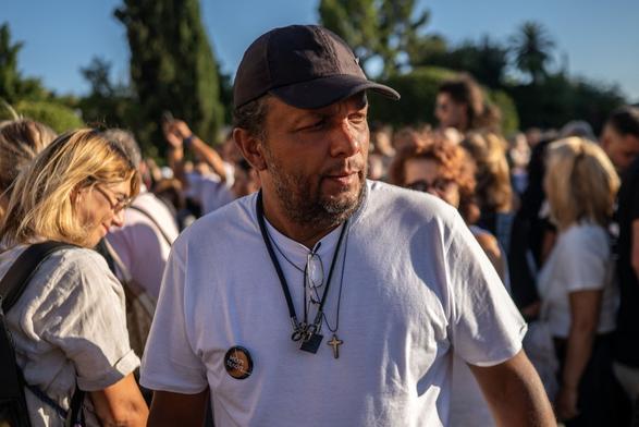 Panos Routsi, father of a boy killed in the Tempi railway collision in February 2023, looks on as he entered his seventh day of a hunger strike to demand that his son