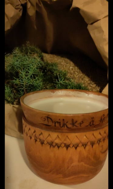 I forkant, rødbrun ølbolle med hvitt ølskum. I bakgrunnen vises einekvister og malt i en brun papirpose.