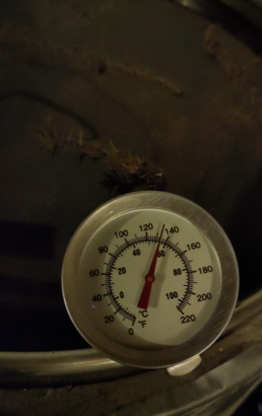 Termometeret i kjelen viser at lågen holder omtrent 57°C