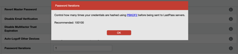 Screenshot from Lastpass showing the number of PBKDF2 iterations as 1.