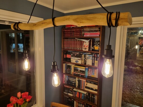 Fotografi av en taklampe bestående av en horisontal eikegrein med tre pendelpærer som henger fra den. 