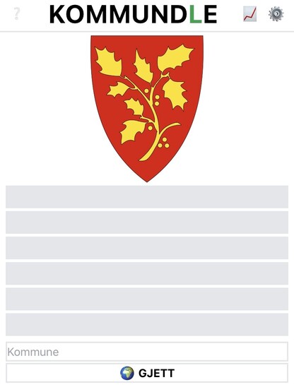 Skjermbilde av Kommundle.no. Øverst er det et rødt kommunevåpen med en gullfarget kristtorn.