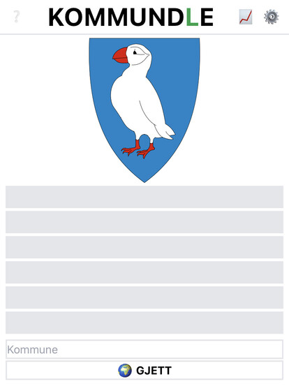 Skjermbilde av Kommundle.no. Øverst er det et blått kommunevåpen med en hvit lundefugl. 