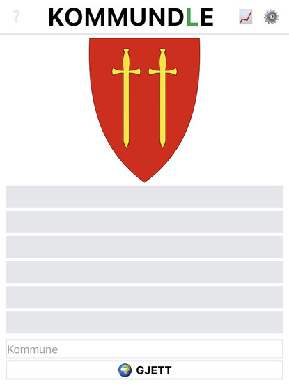 Skjermbilde av Kommundle.no. Øverst er det et rødt kommunevåpen med to sverd i gull med bladet nedover.