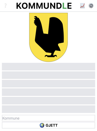 Skjermbilde av Kommundle.no. Øverst er det et gult kommunevåpen med en svart tiur.