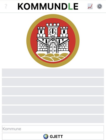 Skjermbilde av Kommundle.no. Øverst er det et rundt kommunevåpen med en hvit borg bak sju gullsteiner. Kommunevåpenet er rødt innerst og har en gullring rundt.