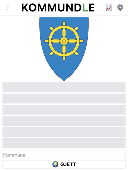 Skjermbilde av Kommundle.no. Øverst er det et blått kommunevåpen med et gullror.