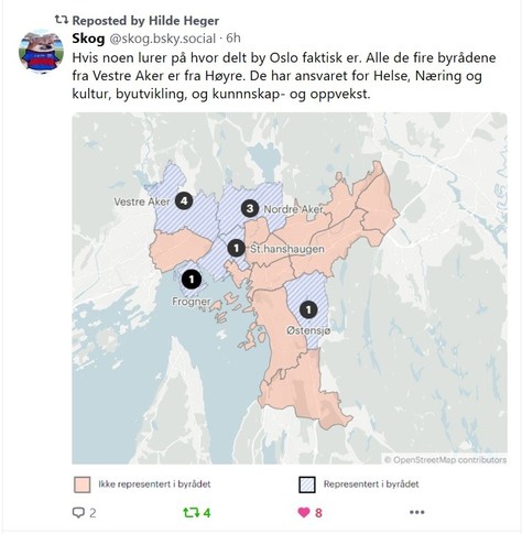 Fra Skog @skog.bsky.social:
Hvis noen lurer på hvor delt by Oslo faktisk er. Alle de fire byrådene fra Vestre Aker er fra Høyre. De har ansvaret for Helse, Næring og kultur, byutvikling og kunnskap- og oppvekst. 

Bildet inneholder et kart over Oslo, der de skraverte områdene har et tall over seg som viser hvor mange byråds representanter som kommer fra det området. 